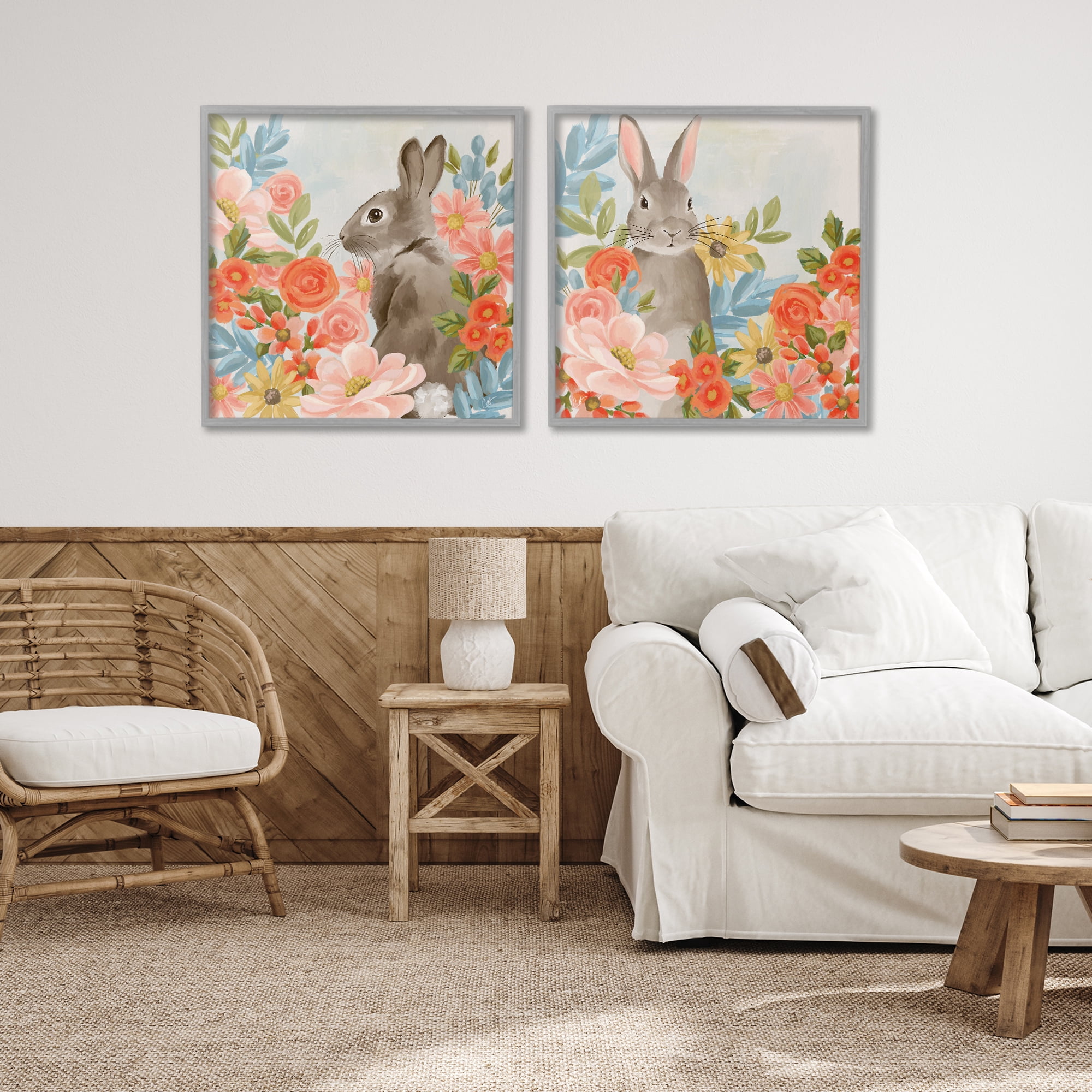 Stupell Industries Bright Bunny Blooms 2 Piece Gray Framed Giclee Art Set, design by Cat Thurman Designs