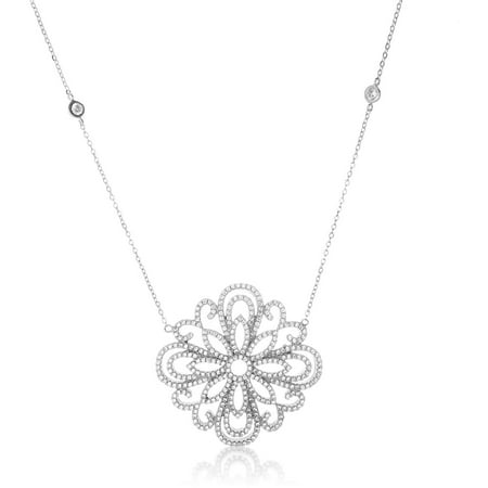 Women's Sterling Silver Rhodium Cubic Zirconia Filigree Style Flower and Bezel Station Necklace