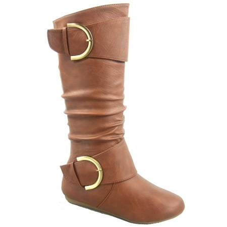 Bank-85 Women's Fashion Zipper Big Buckle Slouch Casual Flat Heel Mid Calf Round Toe Boots
