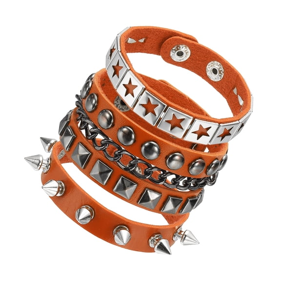 Uxcell 3Pcs Rock Punk Studded Leather Bracelet Set, 8.7"/22cm Goth Spiked Cuff Wristband Adjustable Bracelets for Emo Grunge Accessories Halloween Party Favors, Orange