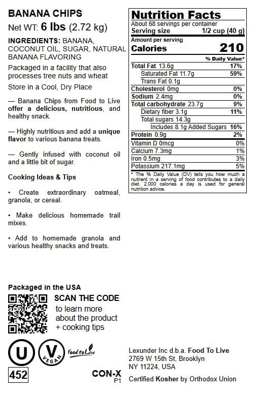 Banana Chips, 6 Pounds - Kosher, Vegan - by Food to Live