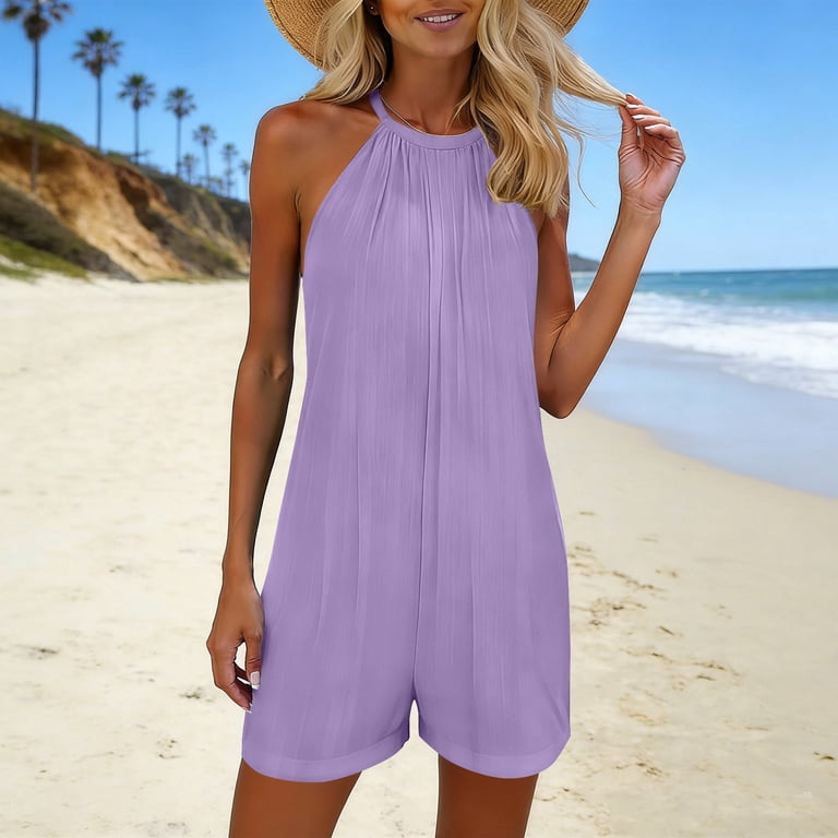 Hurxie Women's Y2k Summer Halter Dress Tie Sleeveless Ruffle Hem Bubble Going Out Mini Dresses Purple,M