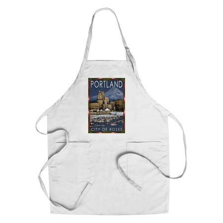 Christmas Ships Portland Oregon Portland, Oregon - Skyline at Night - Christmas Version - Lantern Press Artwork (Cotton/Polyester Chef's Apron) ()