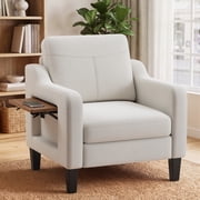 EOP Modern Comfy Armchair, Linen Fabric Accent Chair with Side Pockets, Living Room Chair with Foldable Table, Upholstered Reading Chair for Bedroom, Beige