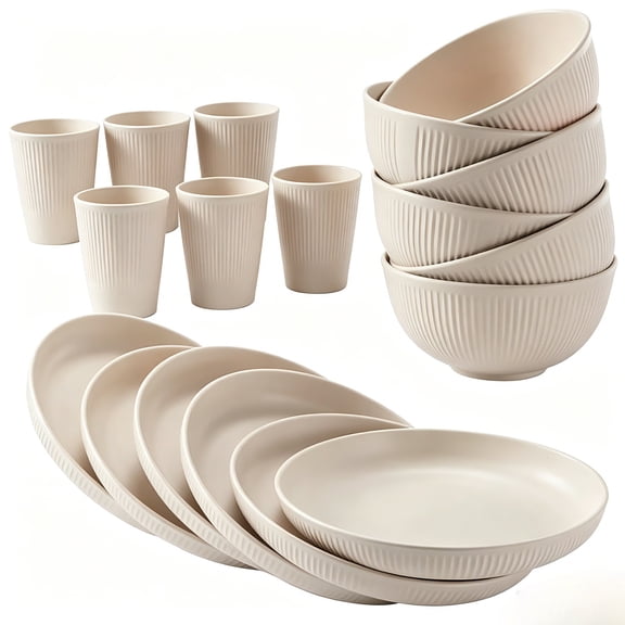 PLERISE 18-Piece Wheat Straw Dinnerware Set, Reusable Plates Bowls and Cups, Dishwasher and Microwave Safe, Lightweight for Home RV Camping