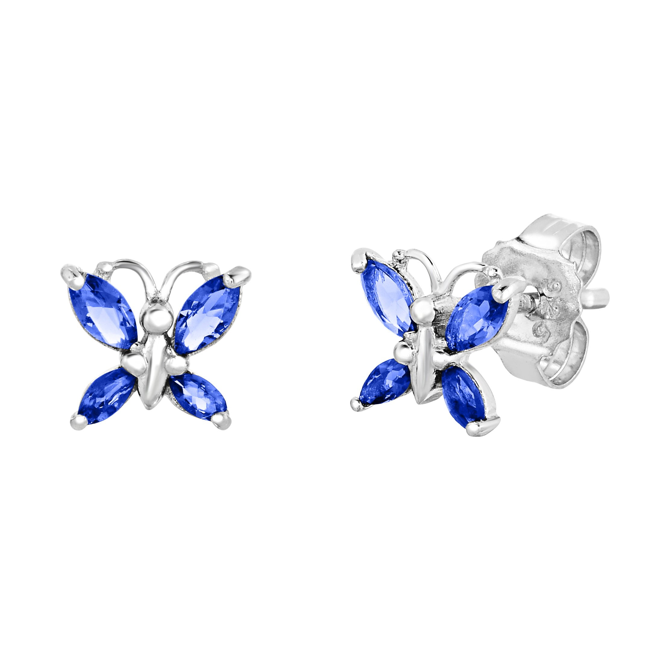 Tilo Sterling Silver Tiny Cz Butterfly Stud Earrings Push backs, Birthstone Simulated Sapphire 7mm (September)