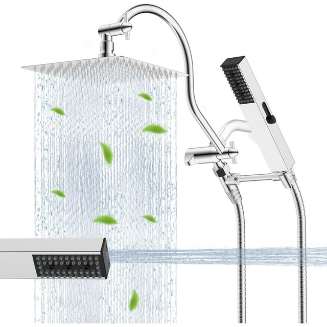 All Metal Shower Head ‘‘ High Pressure Rainfall Shower Head Showerhead Combo/Handheld Shower Wand ‘‘ Adjustable Curved Shower Extension Arm ‘‘ Hose Shower Head Holders Chrom