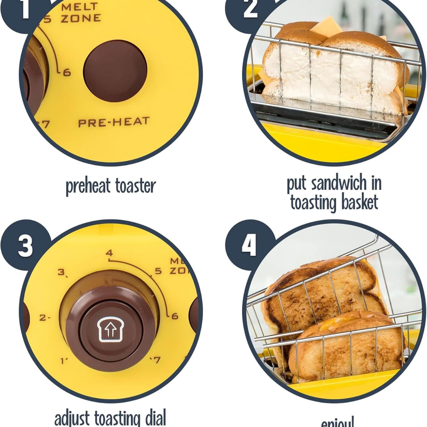 Grilled Cheese Sandwich Toaster with Easy-Clean Toasting Baskets - Adjustable Toasting Dial and Extra Wide Slots - Yellow