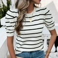 thumbnail image 4 of SWSMCLT Women's Soft Knit Tshirt Striped Puff Sleeve Casual Crewneck Knitted Tee Top Short Sleeve Sweater Fall Fashion Cute Loose Spring White Large, 4 of 5
