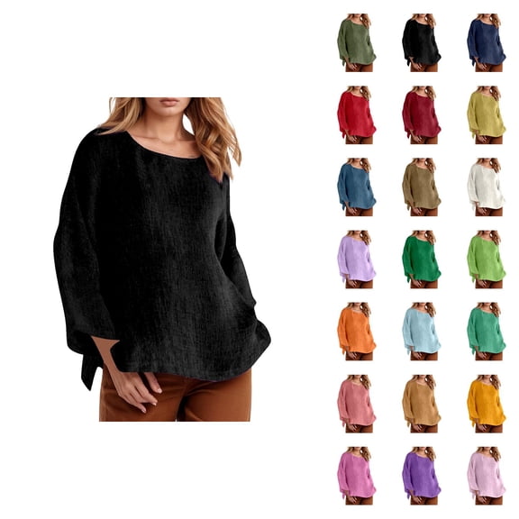 3/4 Length Sleeve Womens Tops 2026 Trendy Cotton Linen Scoop Neck Casual Loose Plain Tshirt Womens Blouses