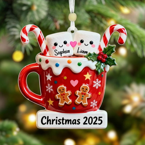 Personalized Hot Cocoa Couple Ornament 2025 – Cute Marshmallow Couple Xmas Ornament, Custom Keepsake Gift for Newlyweds & Couples