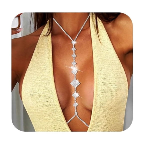 Rhinestone Quality Body Chain Bra Crystal Body Jewelry Boho Bikini Body Necklace Crossover for Women(D)[z148]