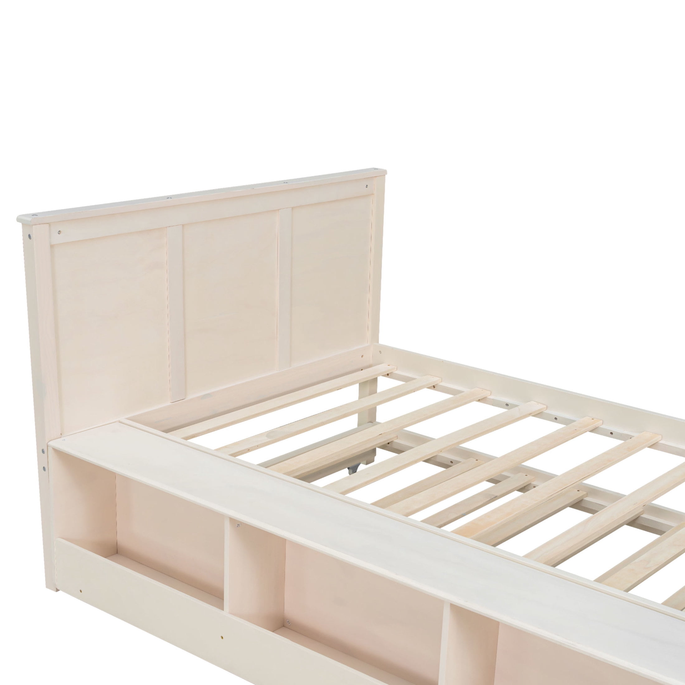Noble House Brevon Twin Size Extendable Platform Bed with Built-in Storage Cabinet, Pine Wood Frame, Cream White