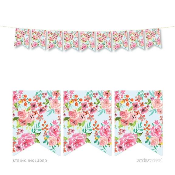 Wedding Pink Roses English Tea Party, 5 FT Hanging Pennant Party Banner with String, Graphics