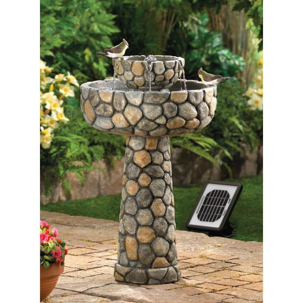 Cobblestone Look Bird Bath Design Solar Water Fountain with Electric Powered Backup for Flower