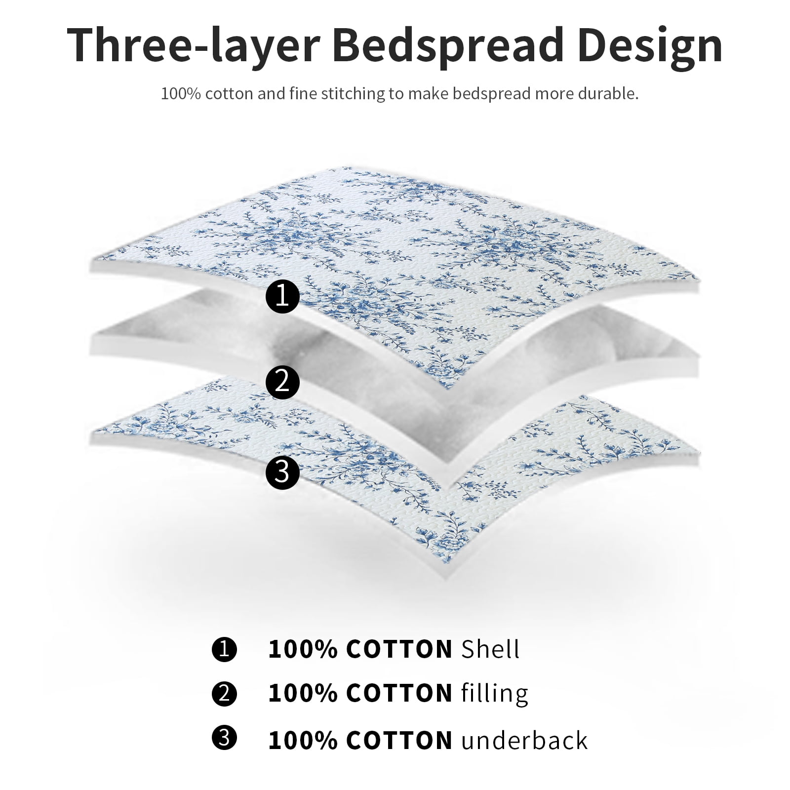 DDUOXIN Blue White Floral Quilt Bedspread, 100% Cotton Queen Size Quilt Set, Lightweight Reversible Bedspreads for Queen Bed, Flower Vintage Botanical Quilts, Coverlet 3-Piece Bedding Set, All-Season