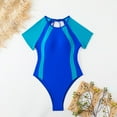 thumbnail image 4 of UTSJKR Women's Monokini Swimsuit High Waist Conservative Contrast Tummy Control Short Sleeves Crewneck Bikini Bathing Suit Blue M, 4 of 8