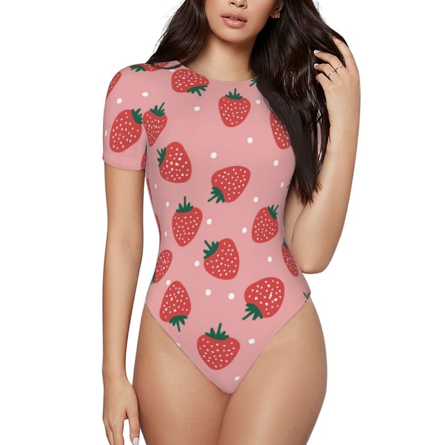 Kdxio Justaucorps à Manches Courtes Imprimé Fraises pour Femmes Col Rond Modal Doux Confortable Ajusté Aguichant Haut-TG