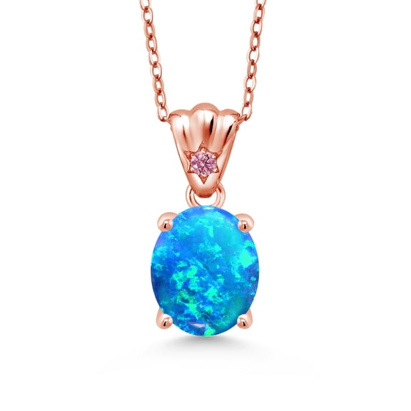 Gem Stone King 1.20 Ct Oval Cabochon Blue Simulated Opal Pink Lab Grown Diamond 18K Rose Gold Plated Silver Pendant with Chain