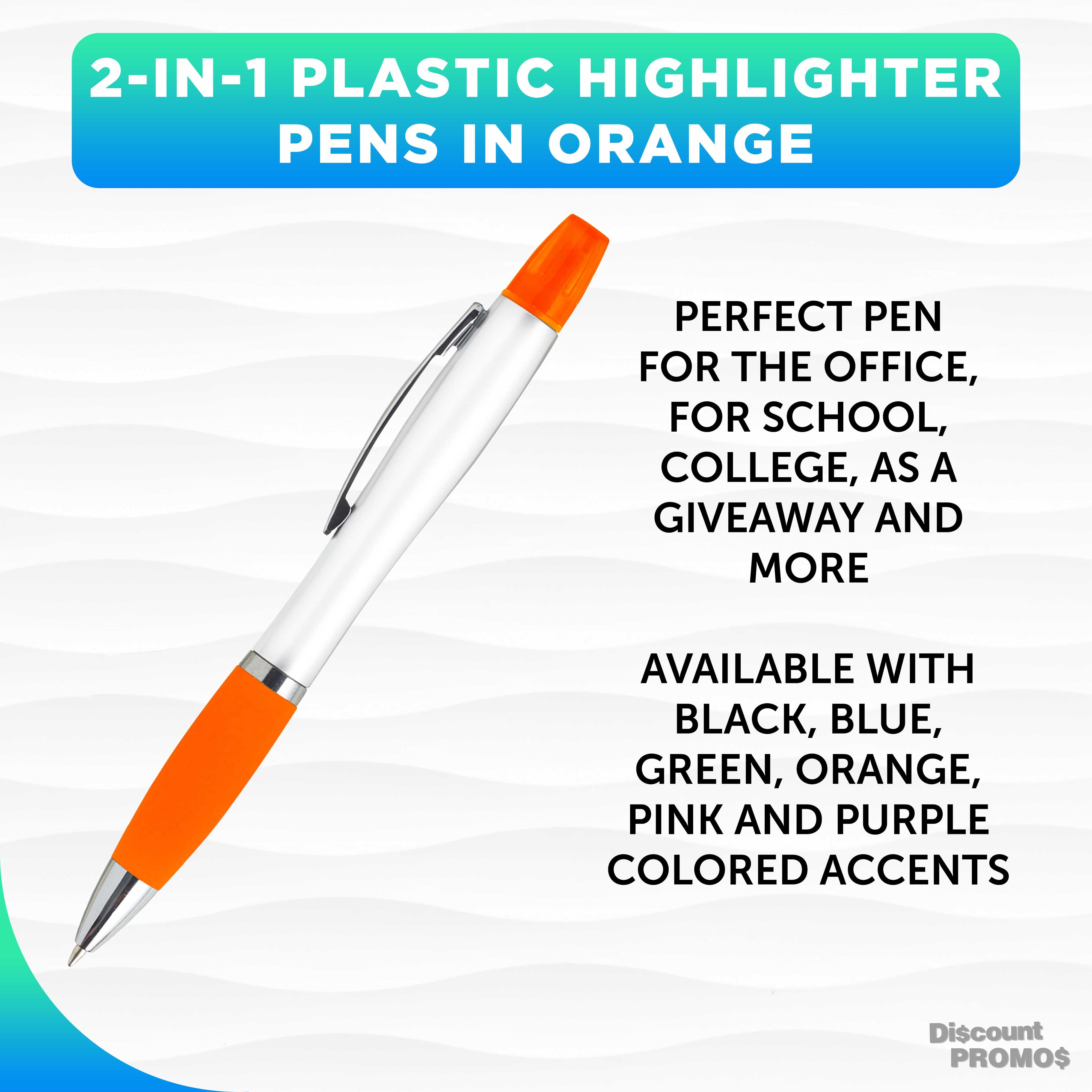 10 Plastic Highlighter Pens Pack - Rubber Grip, Black Ink - Orange