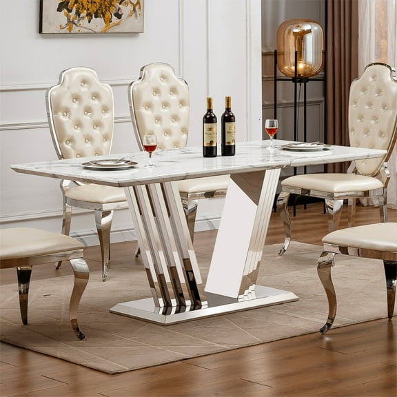 Modern 70 Inch Faux Marble Dining Table for 6 with Stainless Steel Base, Rectangular Kitchen Table in Silver and White Finish, Large Durable Design for Dining Room