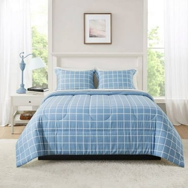 Mainstays 7-Piece Reversible Bed in a Bag Comforter Set with Sheets, Blue Check, Queen