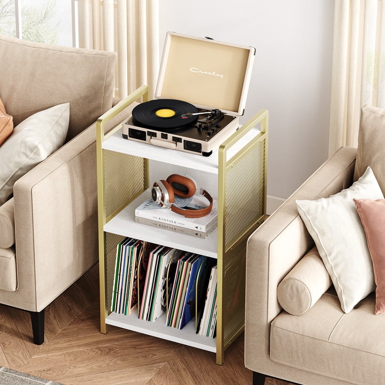3 Tier Record Player Stand With Vinyl Storage & Now Playing Holder - Gold & White Turntable Table