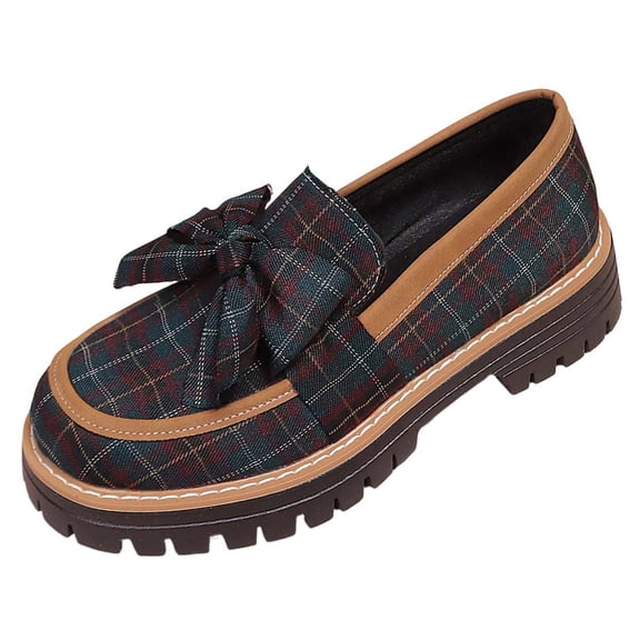 Gpaecead Women's Plaid Bow Chunky Heel Loafers Closed Toe British Style Unique Versatile Platform Casual Shoes, Light Blue