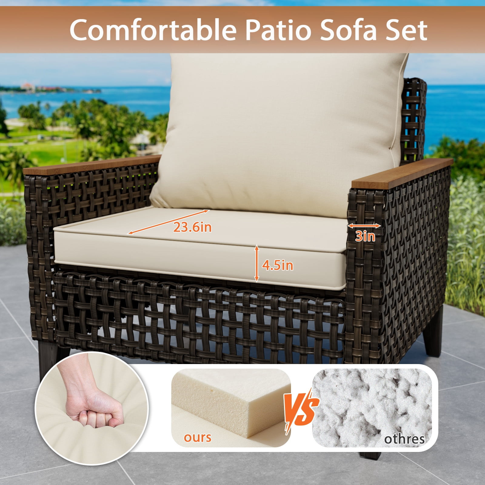 Wallowsun Patio Furniture Set,7 Pieces Outdoor Sectional Sofa Set,All-Weather Wicker Rattan High Back Patio Conversation Set with Ottomans and 4" Thick Cushions for Pool Patio Backyard, Beige