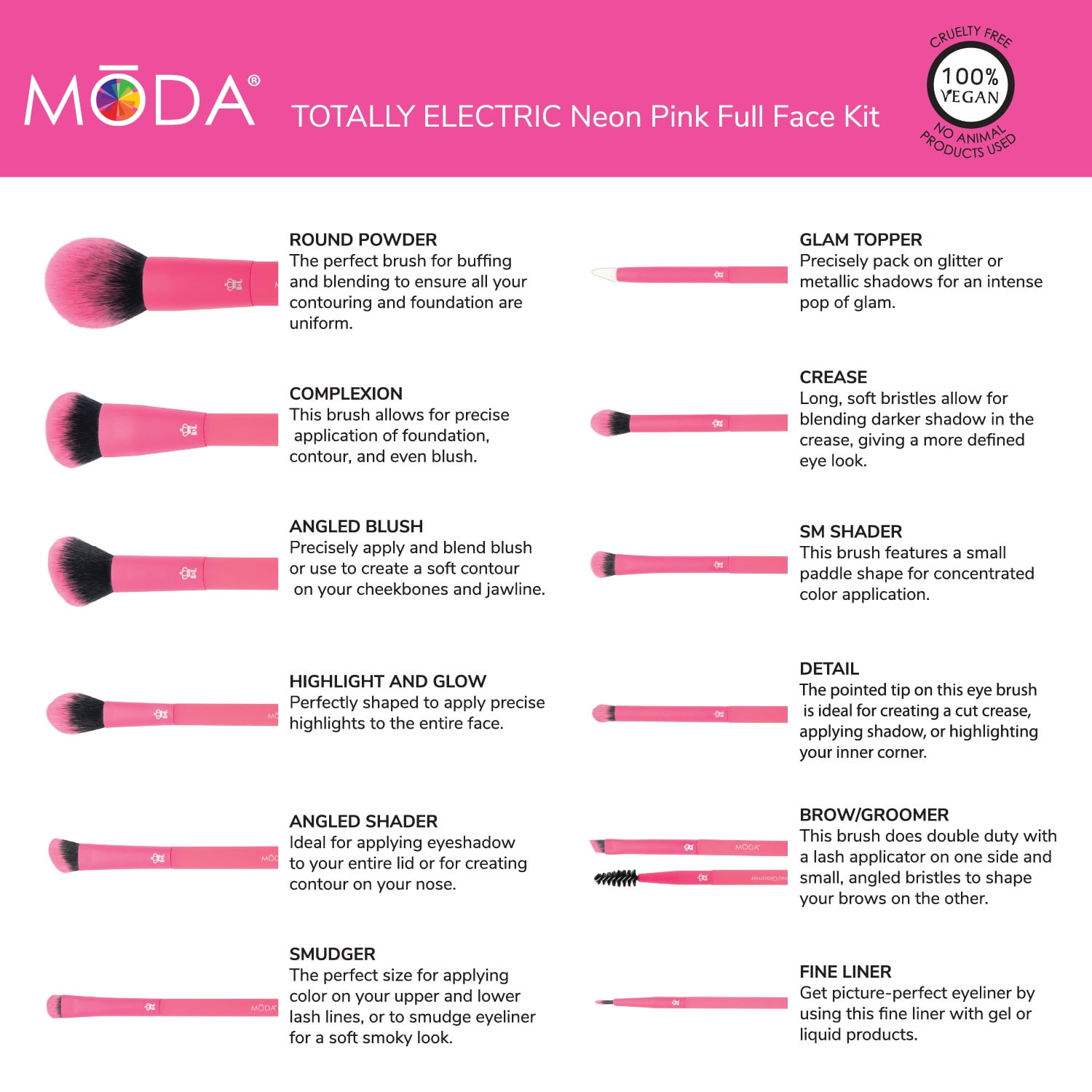 Moda Brush Totally Electric Neon Pink Full Face 13pc Makeup Brush Set