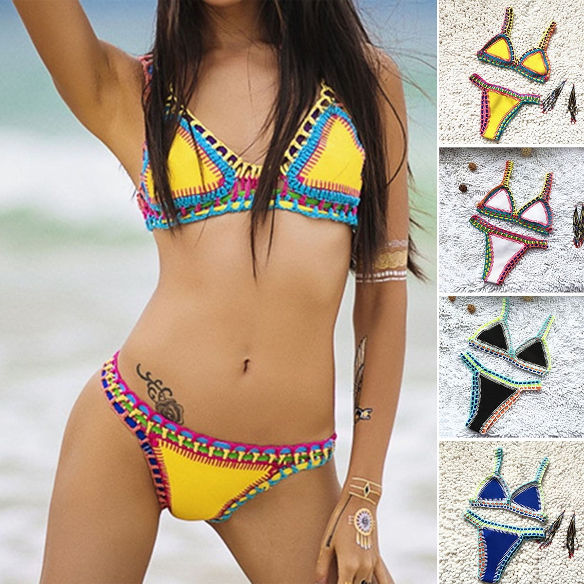 Womens Knit Triangle Crochet Bikini Swimsuit Suit Swimwear Beachwear UV88007 