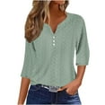 thumbnail image 2 of Fall 3/4 Sleeve Henley Shirt for Women Fashion V-Neck Buttons Blouse Loose fit Hollow Out Comfy Pullover Breathable Solid Color Tunic Tops Green,XXL, 2 of 5