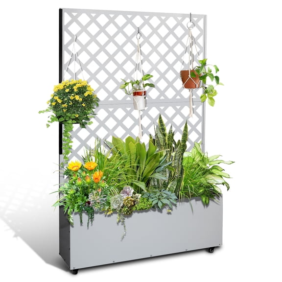 Galvanized Metal Raised Garden Bed with Trellis, Large Outdoor Planter Box 71"X47"X12" for Vegetables, Privacy Screen for Patio, Black with Wheels