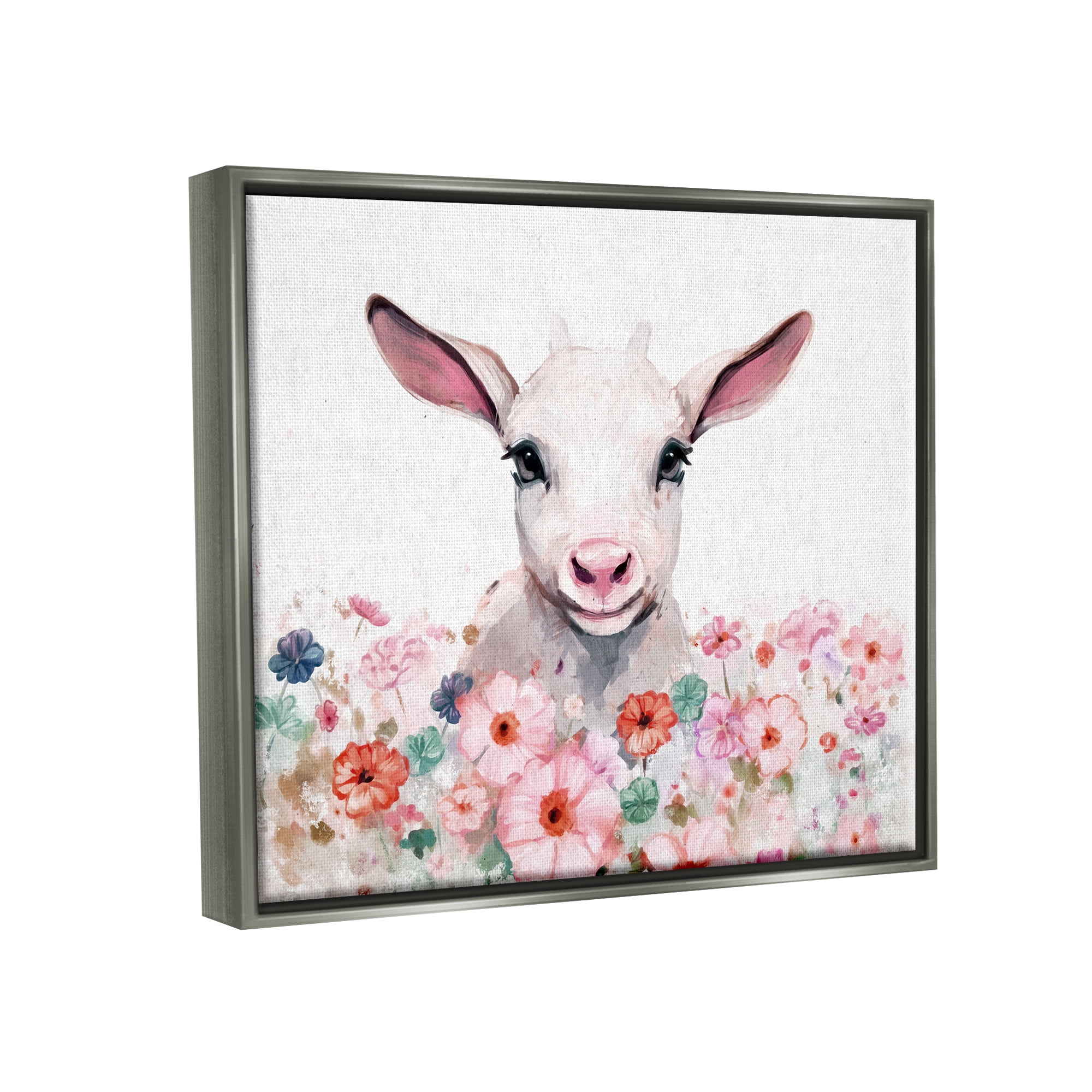 Stupell Industries Baby Sheep & Pink Flowers Animals & Insects Painting Gray Floater Framed Canvas Art Print Wall Art, 31 x 25