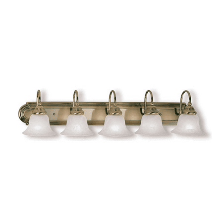 

Bathroom Vanity 5 Light With White Alabaster Glass Antique Brass size 36 in 500 Watts - World of Crystal