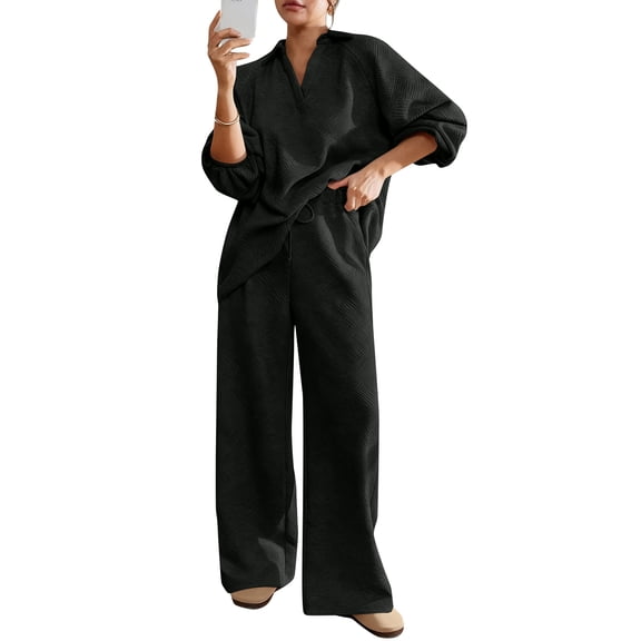 New Fashion V-neck Sweatshirt   Wide-leg Pants Two-piece Set Women Autumn Casual Loose Jogger Shirt Trousers Suit For Women