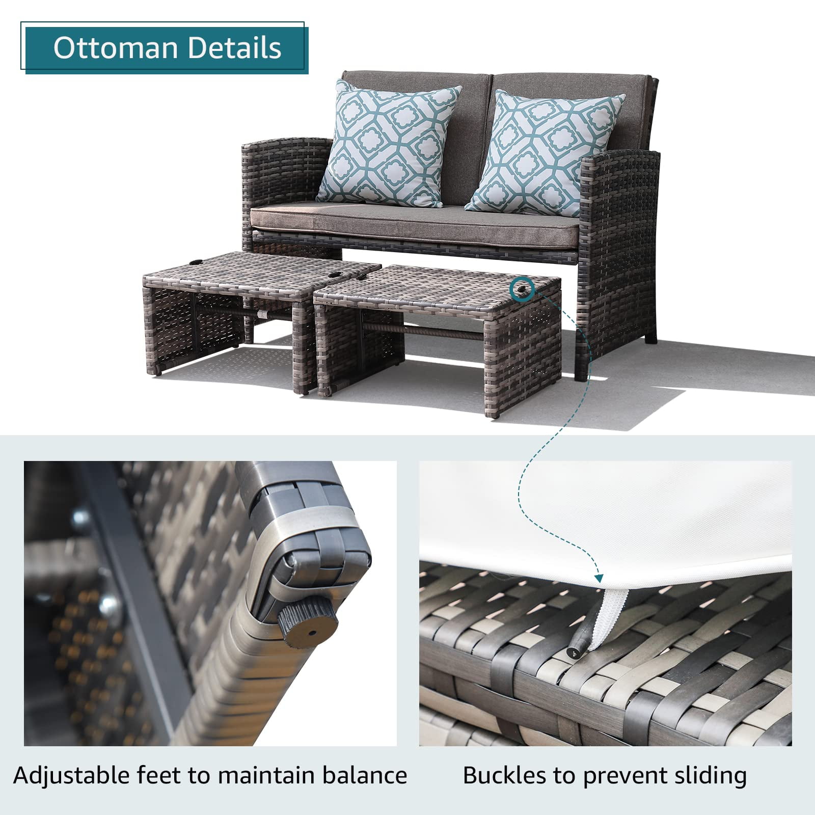 Outdoor Loveseat Patio Furniture Rattan Conversation Set, with Ottoman, Pillows Included, Grey Wicker, White Cushions