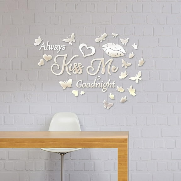 Good Night Acrylic Wall Stickers Butterfly Kiss Pattern Mirror Decor Stickers DIY Wall Decals for Living Room Bedroom Bathroom Office Kitchen Silver