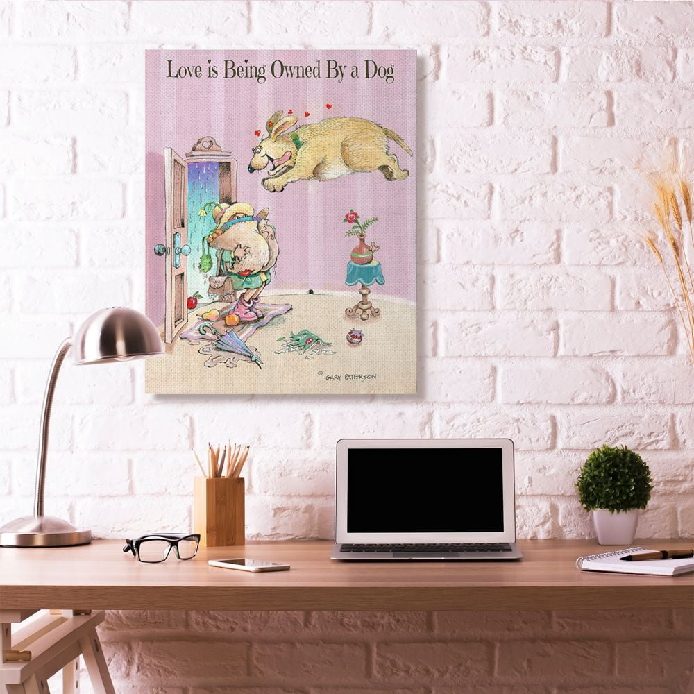 Love Is Being Owned By A Dog Funny Cartoon Pet Design Super Oversized Stretched Canvas Wall Art by Gary Patterson