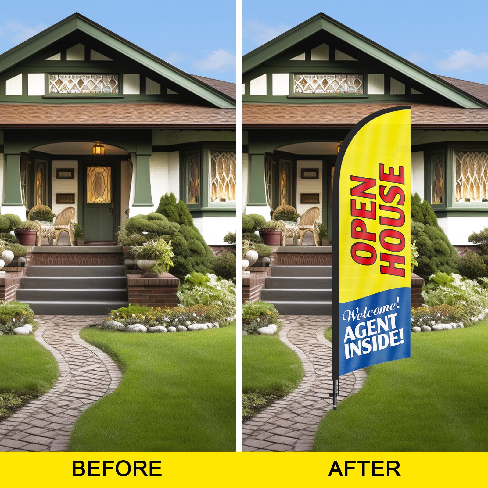 QSUM Open House Feather Flag with Flag Pole Kit and Ground Spike, 7FT Open House Windless Flag Banner Sign Business for Welcome Agent Inside Outdoor Advertising Sign Decoration Display（Yellow）