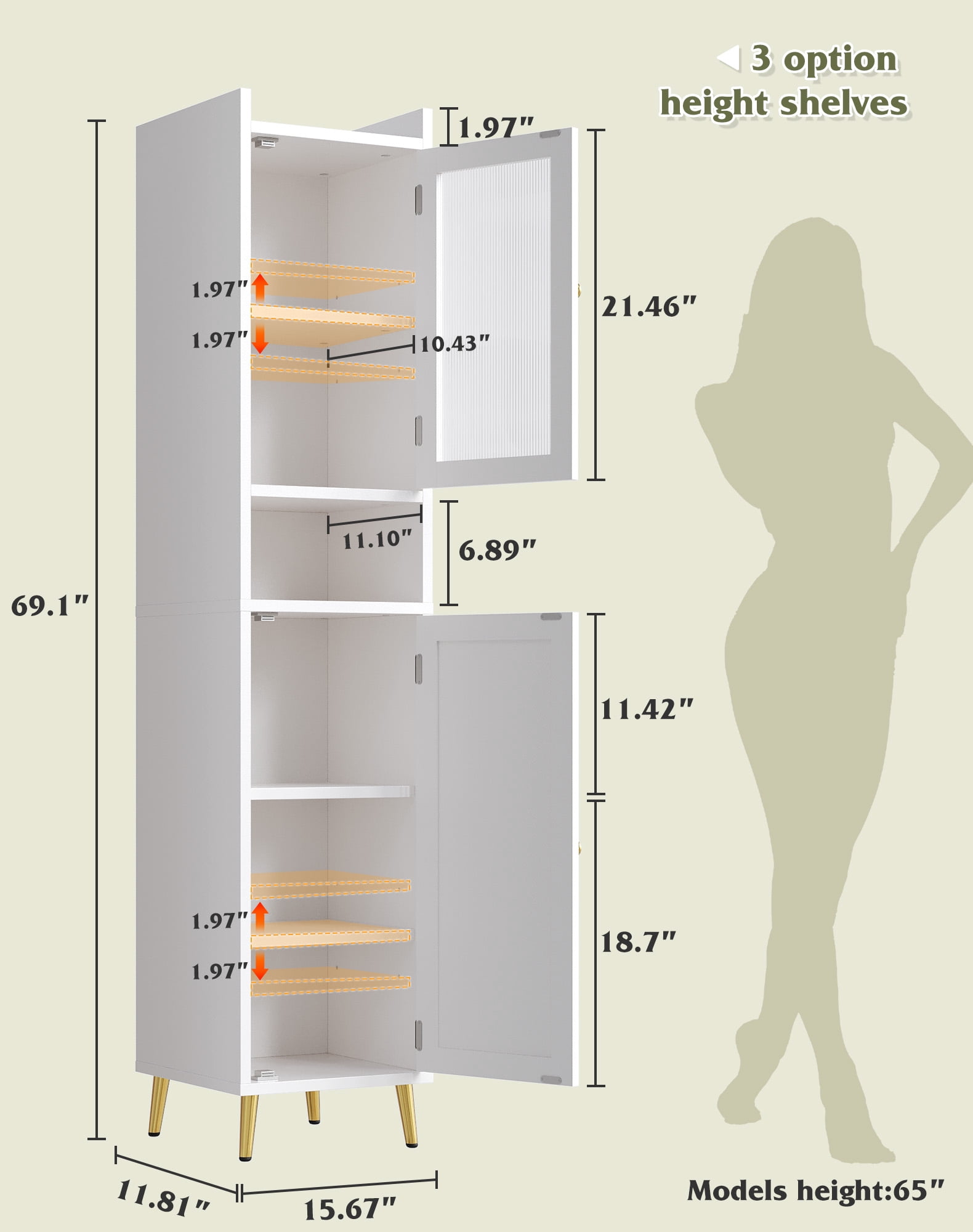 EnHomee 69" Tall Bathroom Storage Cabinet,Narrow Linen Cabinet with 2 Door and Adjustable Shelves​,White