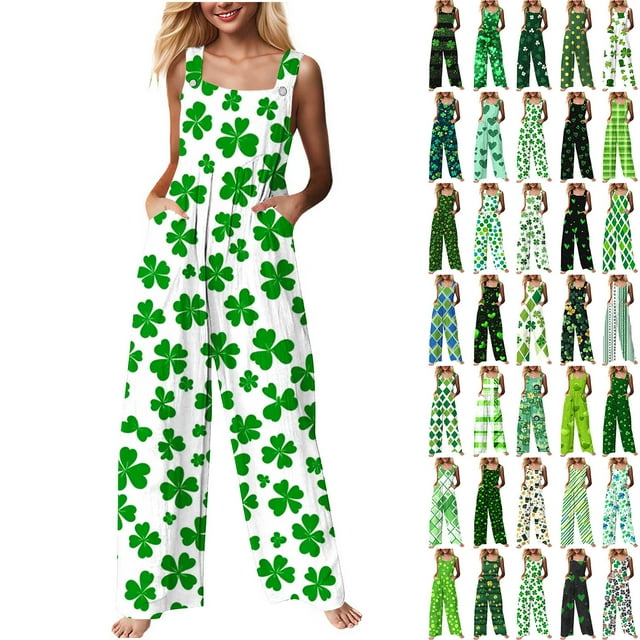 QATAINLAV Combinaisons de la Saint-Patrick pour Femmes en Coton et Lin, Combinaisons Détente Confortables, Salopettes Tendance à Imprimé Trèfle avec Poches, Vert TG Liquidation