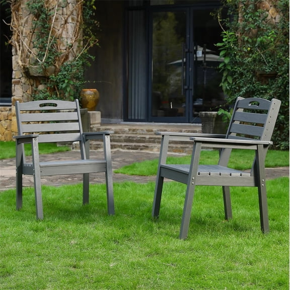 2 Chairs HDPE Outdoor Terrace Dining Chair Set, Low Maintenance Black Backrest Patio Chairs, Sturdy Ergonomic Design for Garden, Backyard, Deck, 220lbs Weight Capacity (Grey)