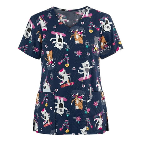 

UDAXB Womens Nursing Scrub Tops Valentine s Day Love Heart Printed Working Uniform Short Sleeve V-Neck Workwear Blouse T-shirt with Pockets