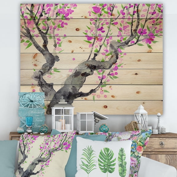 Designart 'The Japanese Tree With Purple Flowers On' Traditional Print on Natural Pine Wood