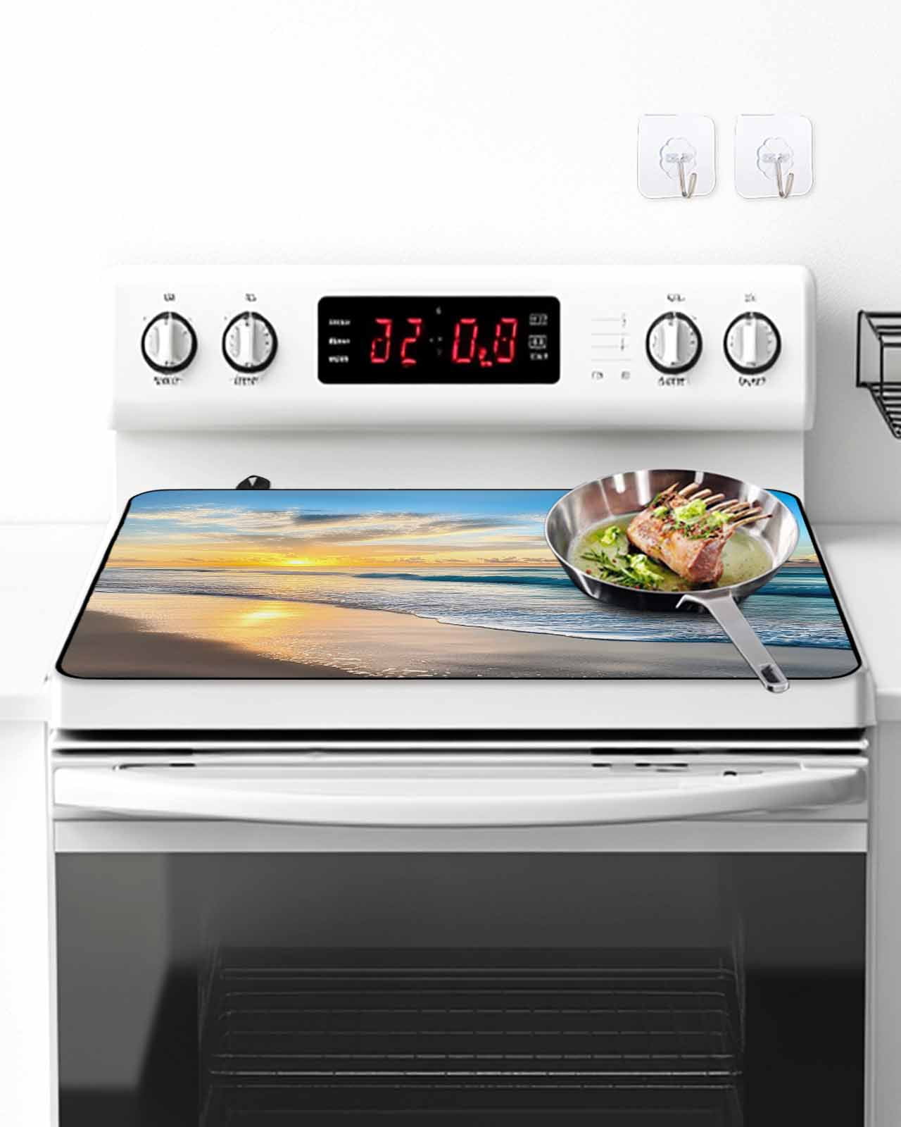 Stove Top Covers for Electric Stove, Ocean Sunset Glass Stovetop Cover Protector, Beach Blue Sky Coastal Seashore Summer Induction Cooktop Protector Oven Mat for Kitchen Countertop 24"x21"