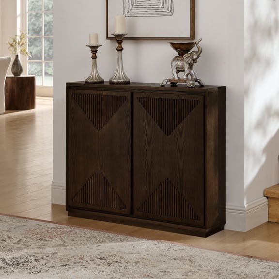 32" Modern Storage Cabinet with V-shape Fluted Design, Buffet Cabinet with Storage and Outlet Holes, Narrow Side Cabinet for Living Room Entryway Hallway Kitchen, Brown
