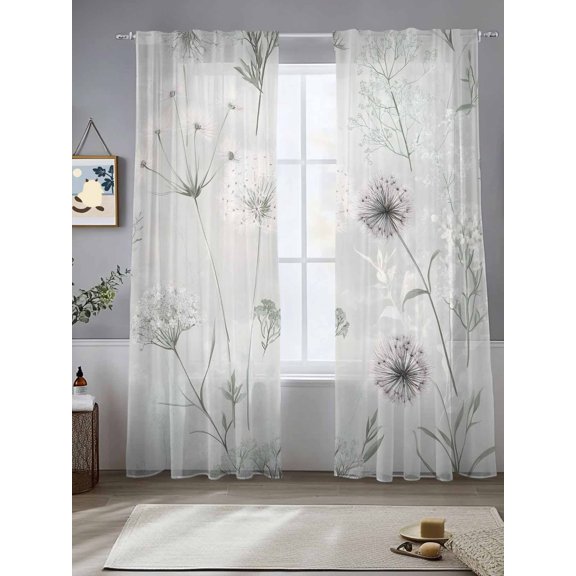 Sage Green Dandelion Sheer Curtains for Living Room Bedroom White Green Floral Sheer Curtains 84 Inch Long 2 Panels Set Light Filtering Curtain Window Treatments Drapes for Dining Room