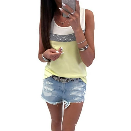 - Women Patchwork Beads Sleeveless Cami Comfy Tank Tops Causal Loose Vest T-Shirt