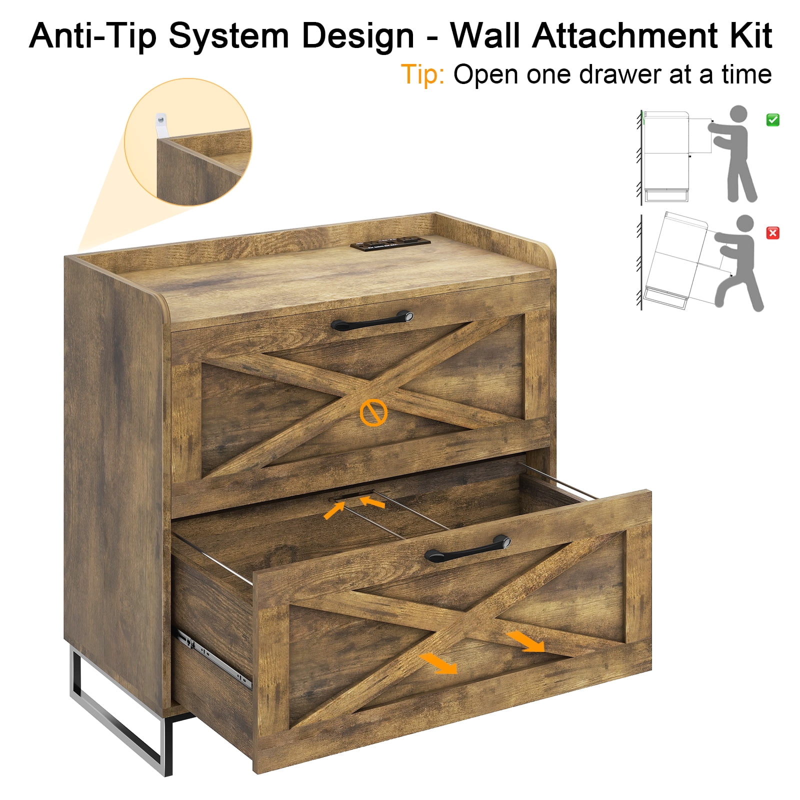 Lateral File Cabinet 2 Drawer File Cabinet with Charging Station for Legal/Letter/A4 Size Hanging Files, Large Wood File Storage Cabinets Printer Stand for Home Office Furniture, Rustic Brown